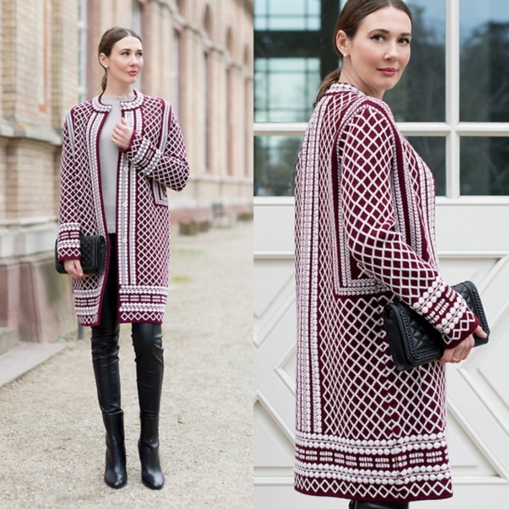 Tory Burch Burgundy and White Geometric Coat